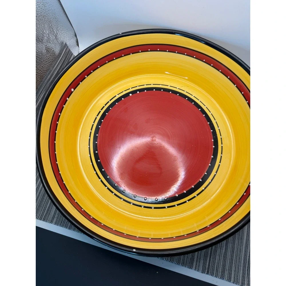 Tabletops Gallery Bohemian Stripe Large 12in Serving Bowl Hand Painted Ceramic